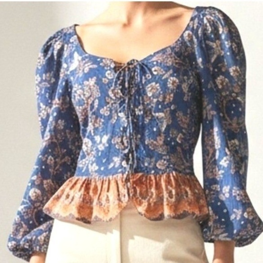 House of Harlow 1960 Peplum Top Women‎ S Blue Floral Lace-Up Boho Puff Sleeve